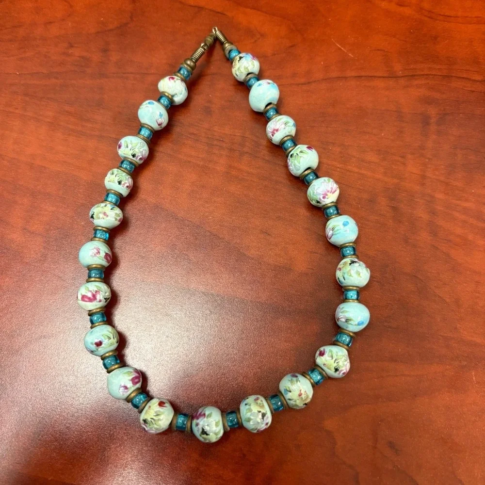Vintage Floral Ceramic Bead Necklace Turquoise‎ Boho Statement